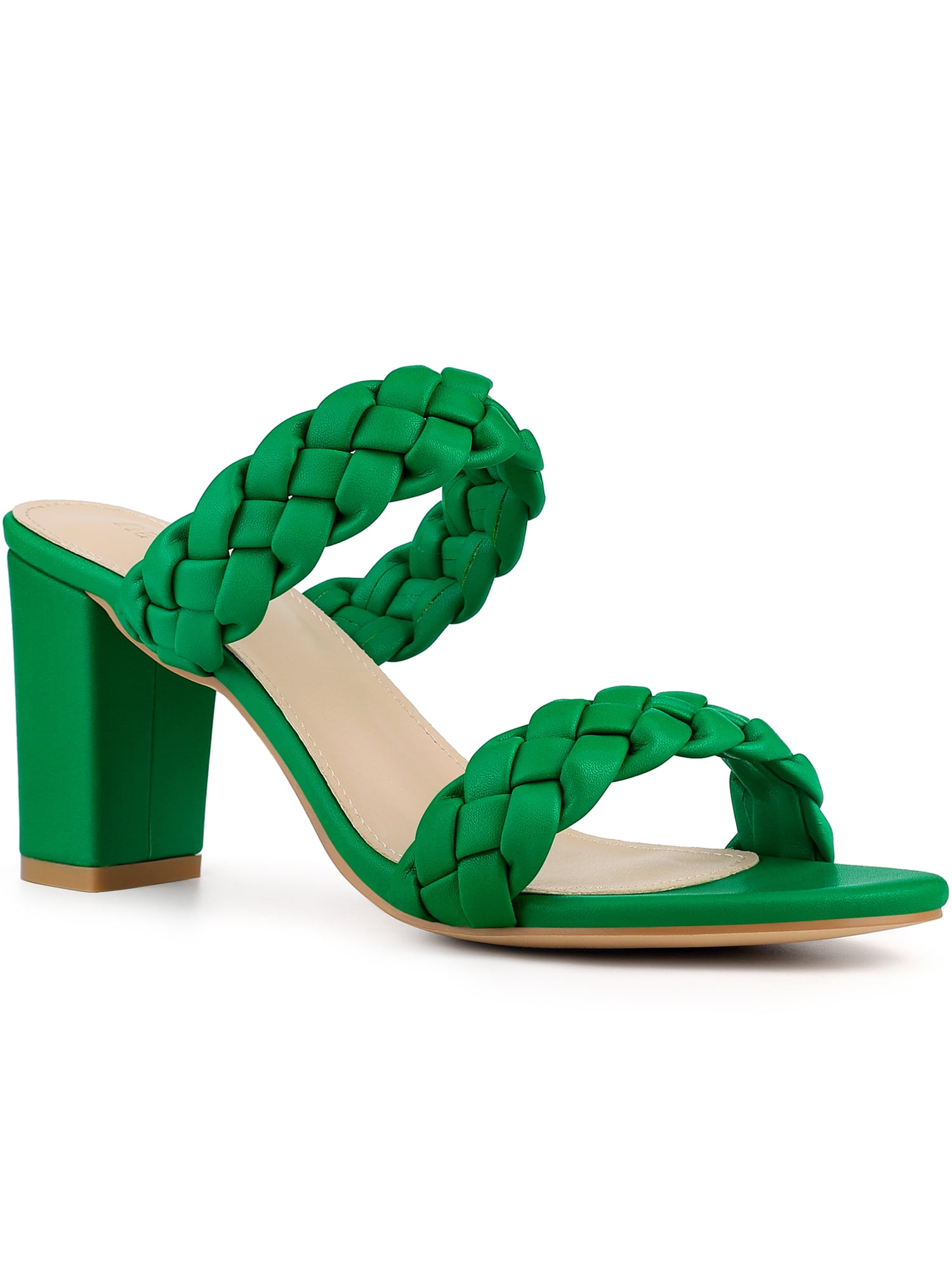 DARING DIVA Women's Braided Heeleds Slip on Chunky Heel Slides Sandals Grass Green 9