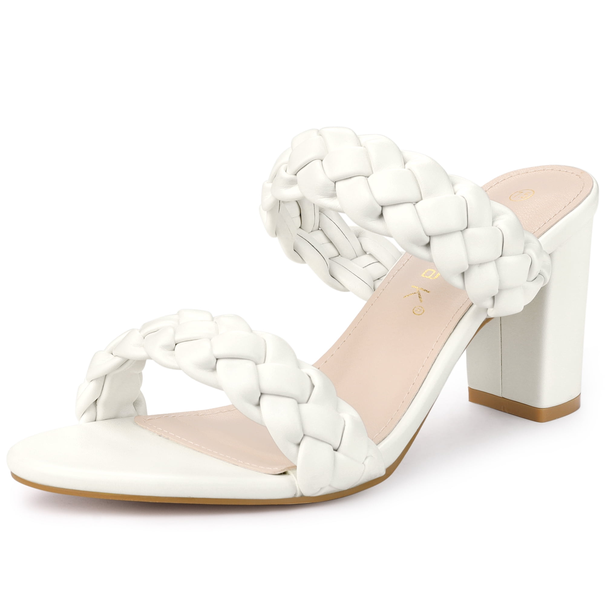 DARING DIVA Women's Braided Heeleds Slip on Chunky Heel Slides Sandals White 8