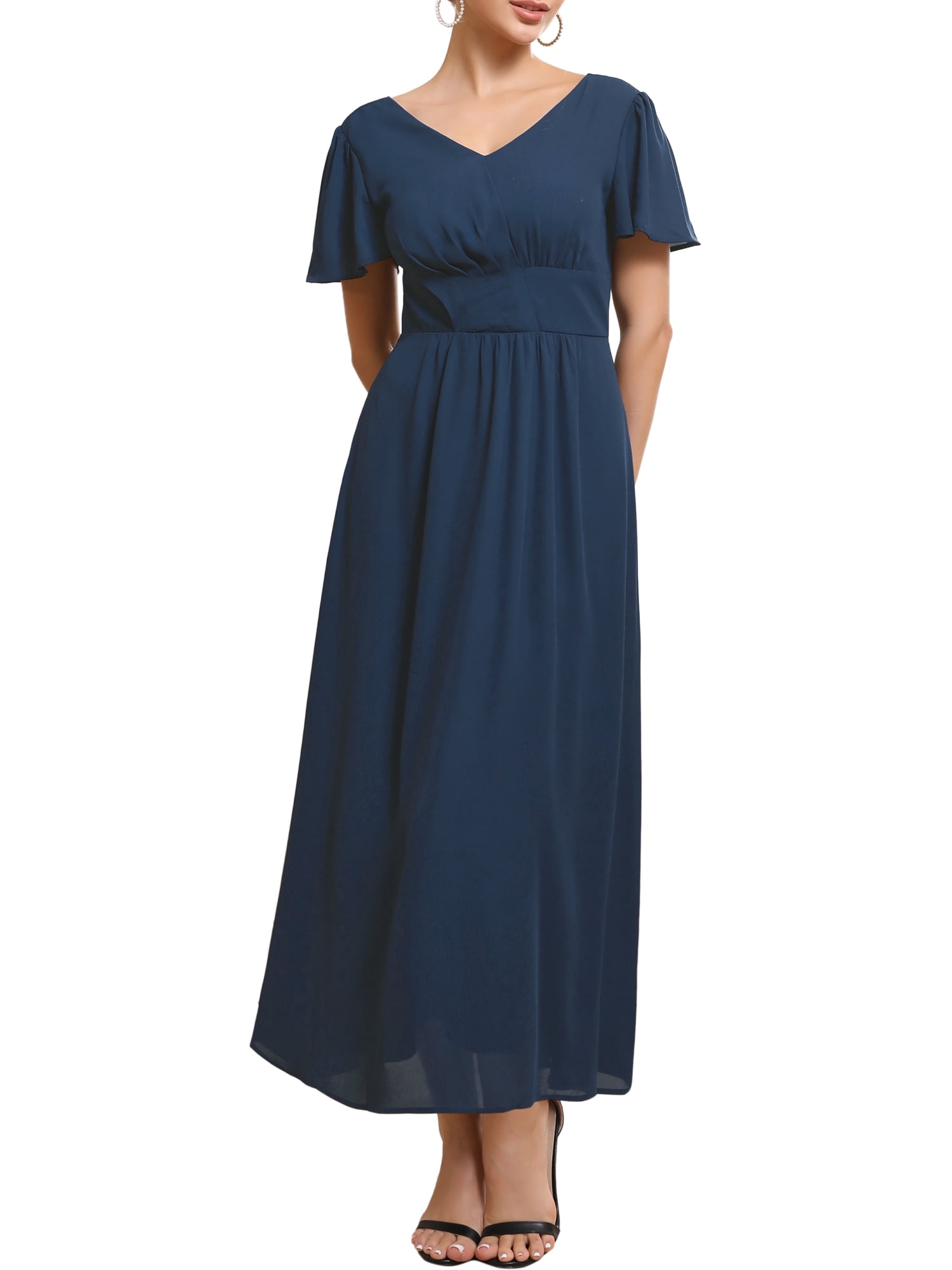 DARING DIVA Women's Bridesmaid Dress Chiffon Long Pleated Maxi Dresses M Dark Blue