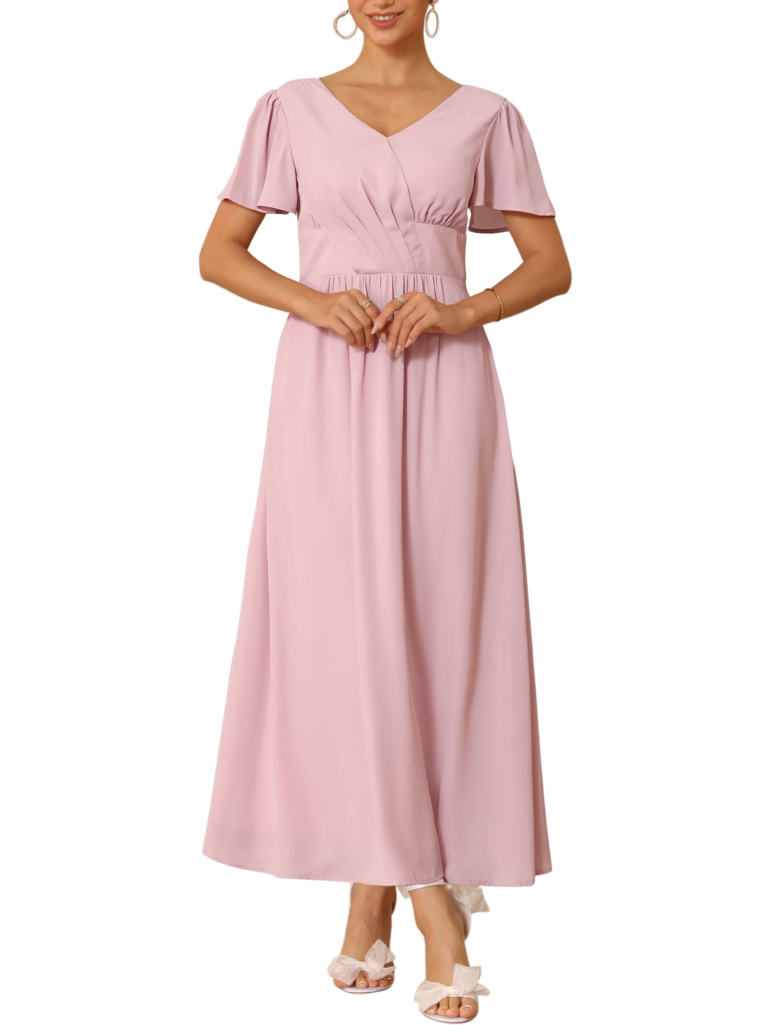 DARING DIVA Women's Bridesmaid Dress Chiffon Long Pleated Maxi Dresses S Pink