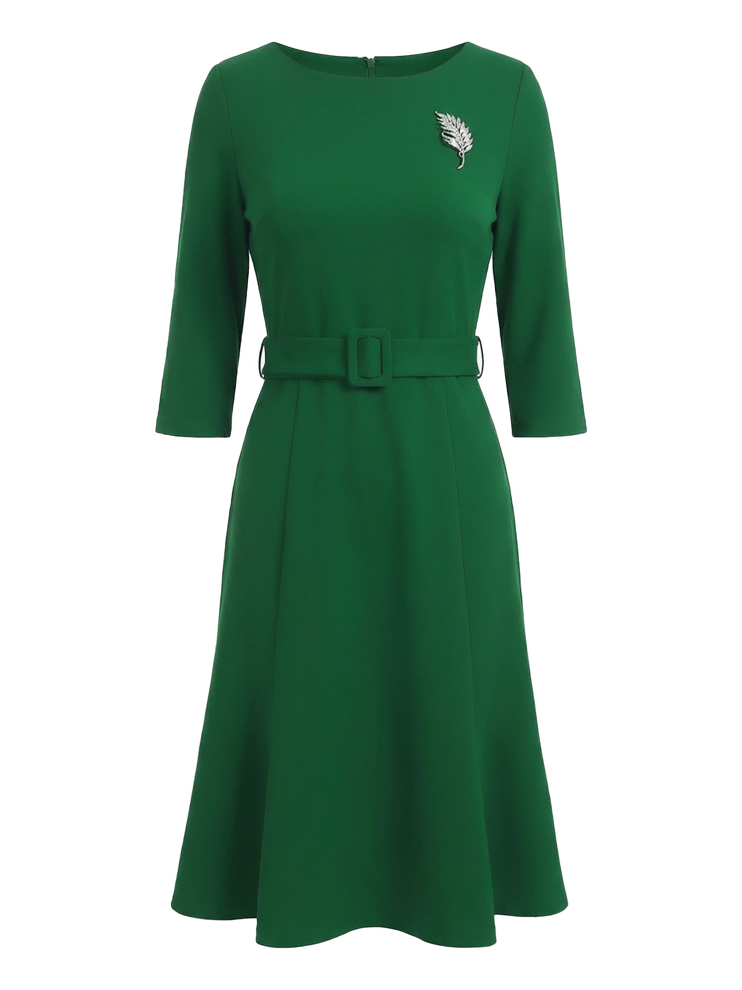 DARING DIVA Women's Brooch 3/4 Sleeve Boat Neck Fishtail Midi Dress M Pine Needle Green