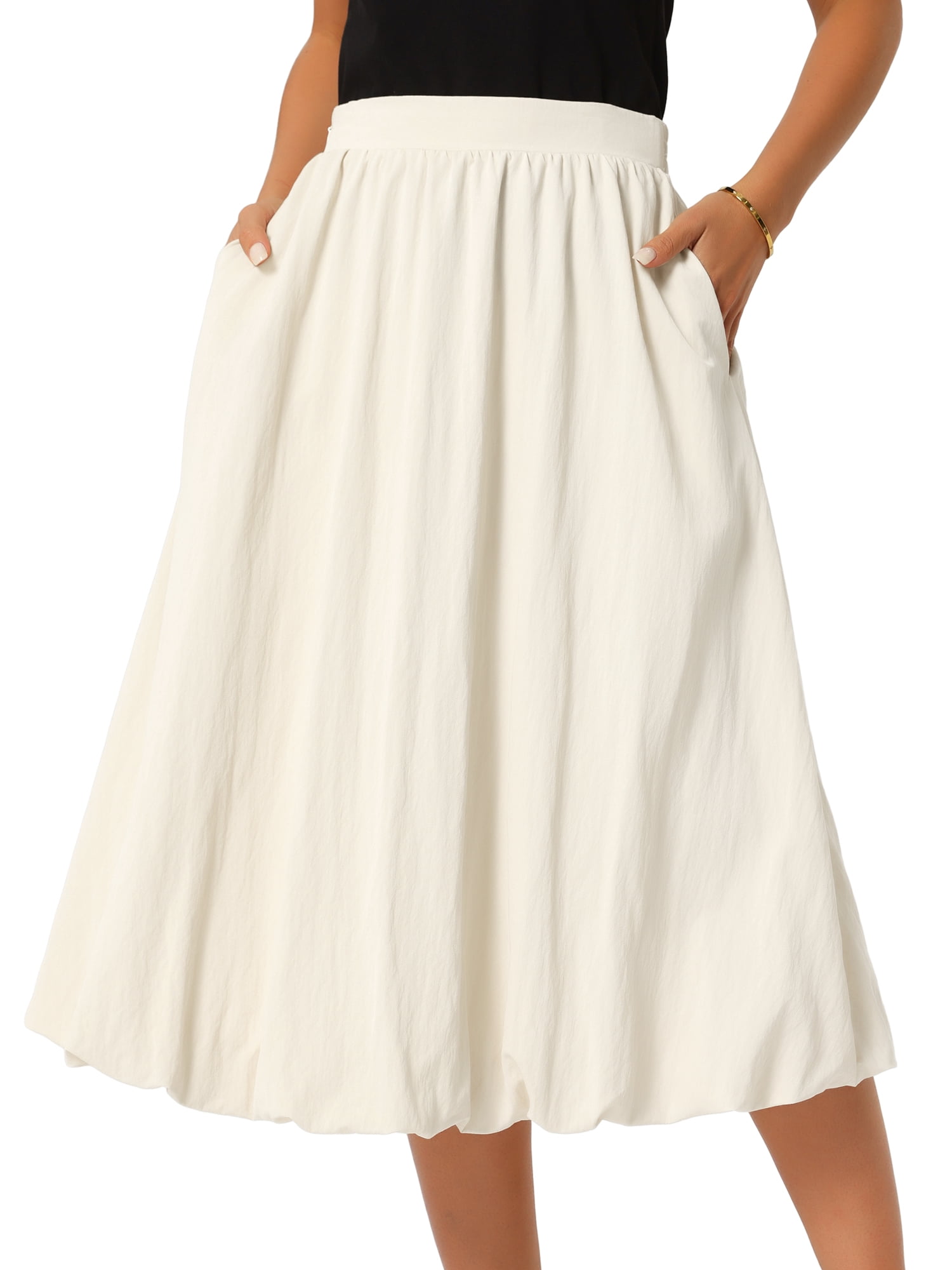 DARING DIVA Women's Bubble Ruffle Flowy A Line Midi Skirts Small Beige