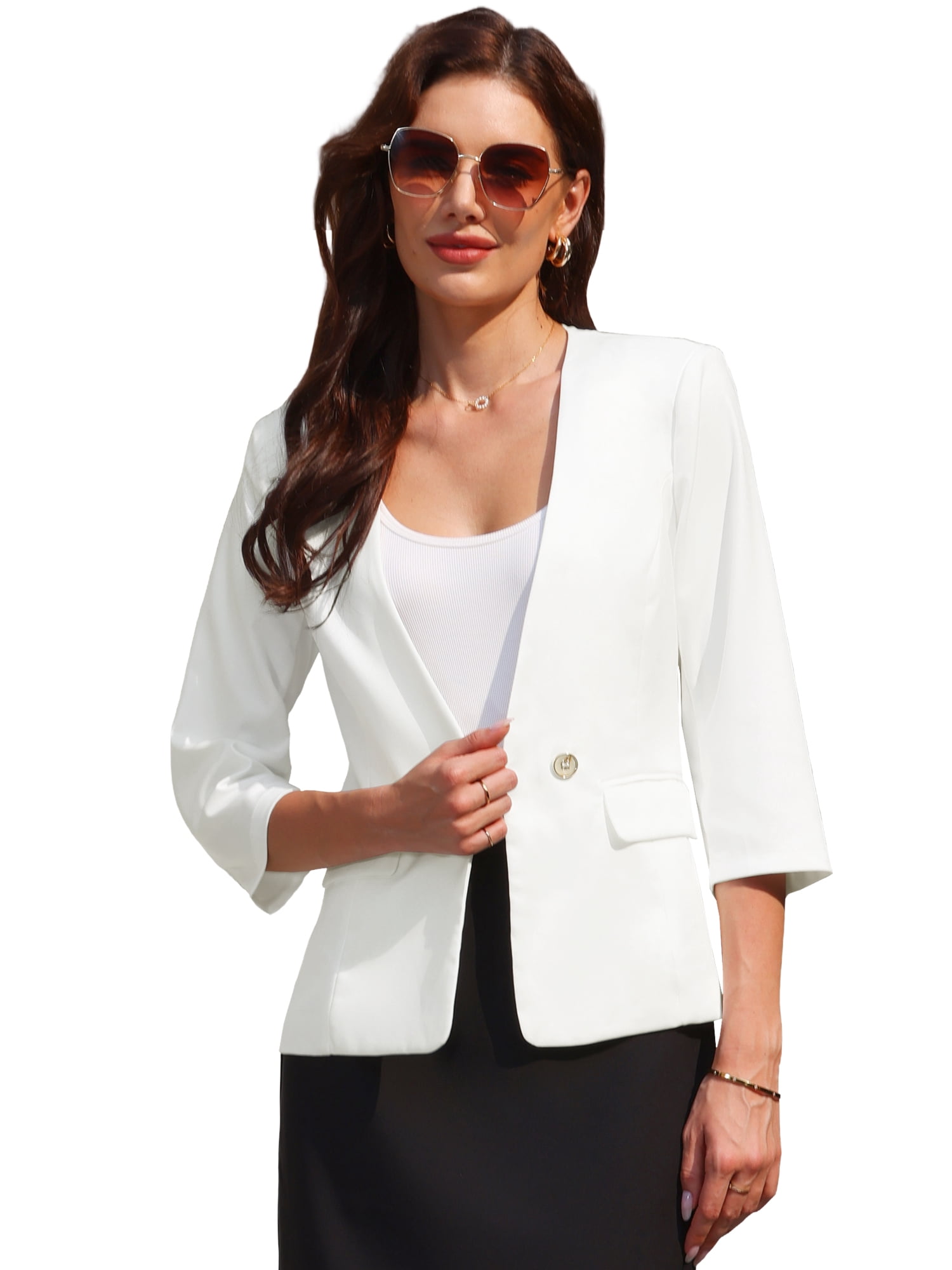 DARING DIVA Women's Business 3/4 Sleeve 1 Button Suit Collarless Blazer S White
