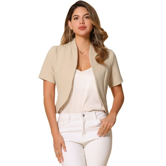 DARING DIVA Women's Business Blazer 3/4 Sleeve Collarless Cardigan L Beige