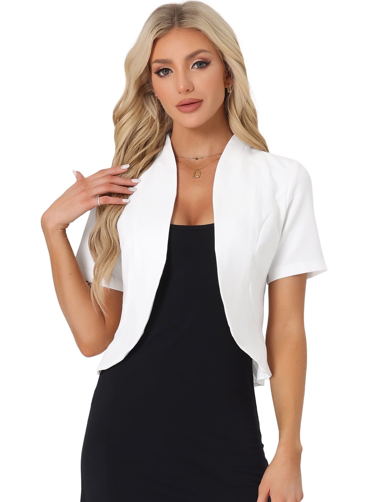 DARING DIVA Women's Business Blazer 3/4 Sleeve Collarless Cardigan M White