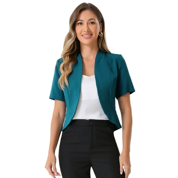 DARING DIVA Women's Business Blazer 3/4 Sleeve Collarless Cardigan S Blue Green