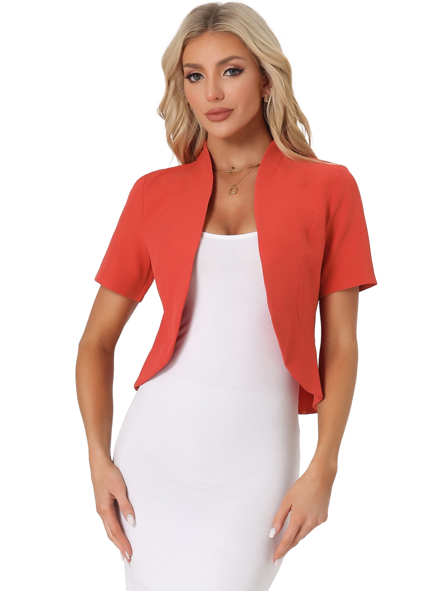 DARING DIVA Women's Business Blazer 3/4 Sleeve Collarless Cardigan S Red