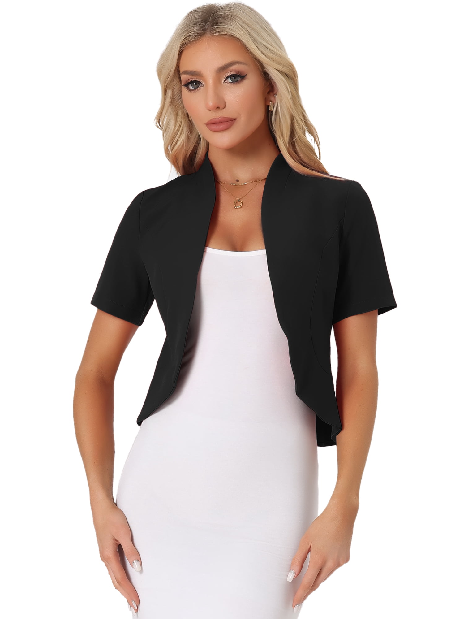 DARING DIVA Women's Business Blazer 3/4 Sleeve Collarless Cardigan XS Black