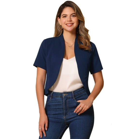 DARING DIVA Women's Business Blazer 3/4 Sleeve Collarless Cardigan XS Dark Blue