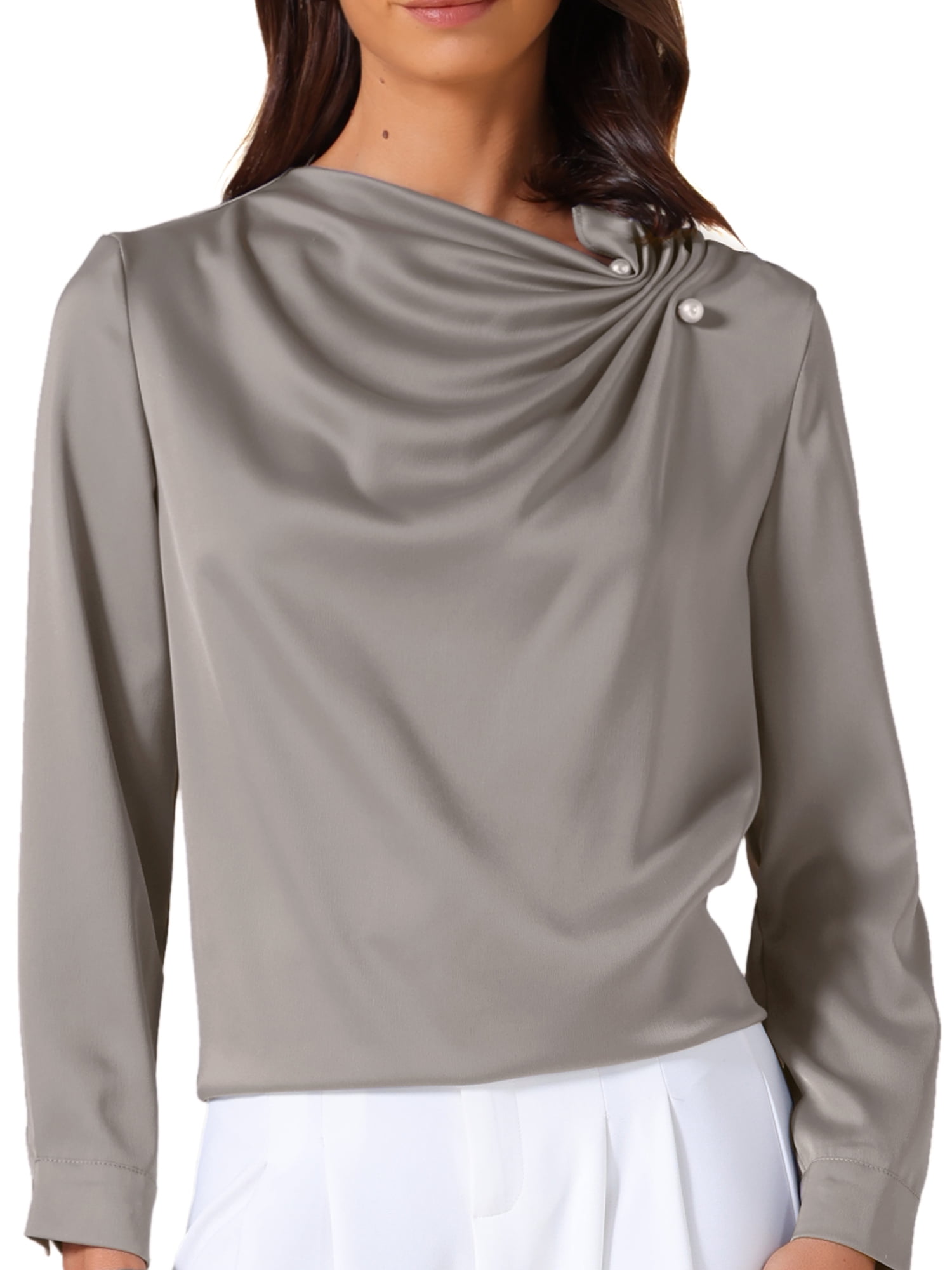 DARING DIVA Women's Business Blouses Long Sleeve Satin Shirts Work Shirt M Grey