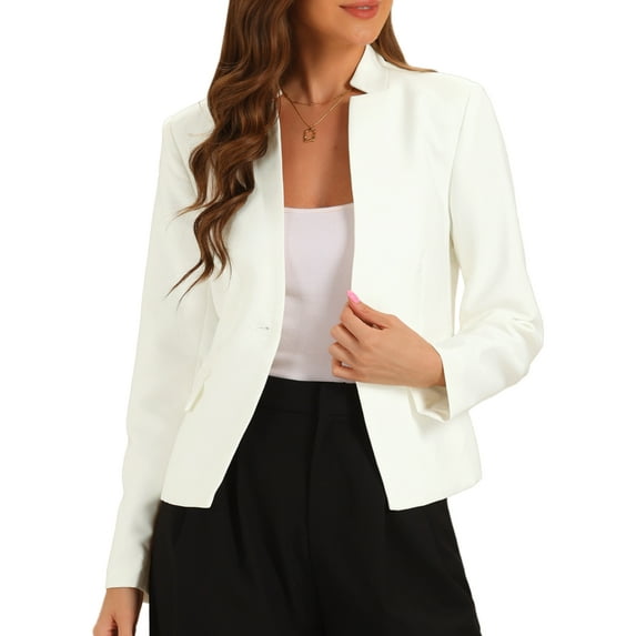 DARING DIVA Women's Business Casual Notched Stand Collar Work Blazer L Beige White