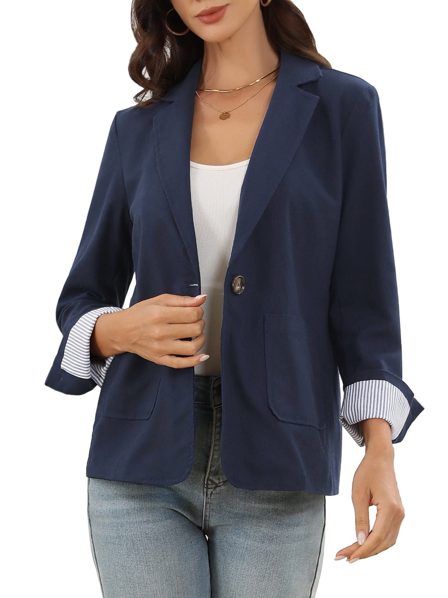 DARING DIVA Women's Business Casual One Button Cotton Linen Blazer Jacket XS Navy Blue