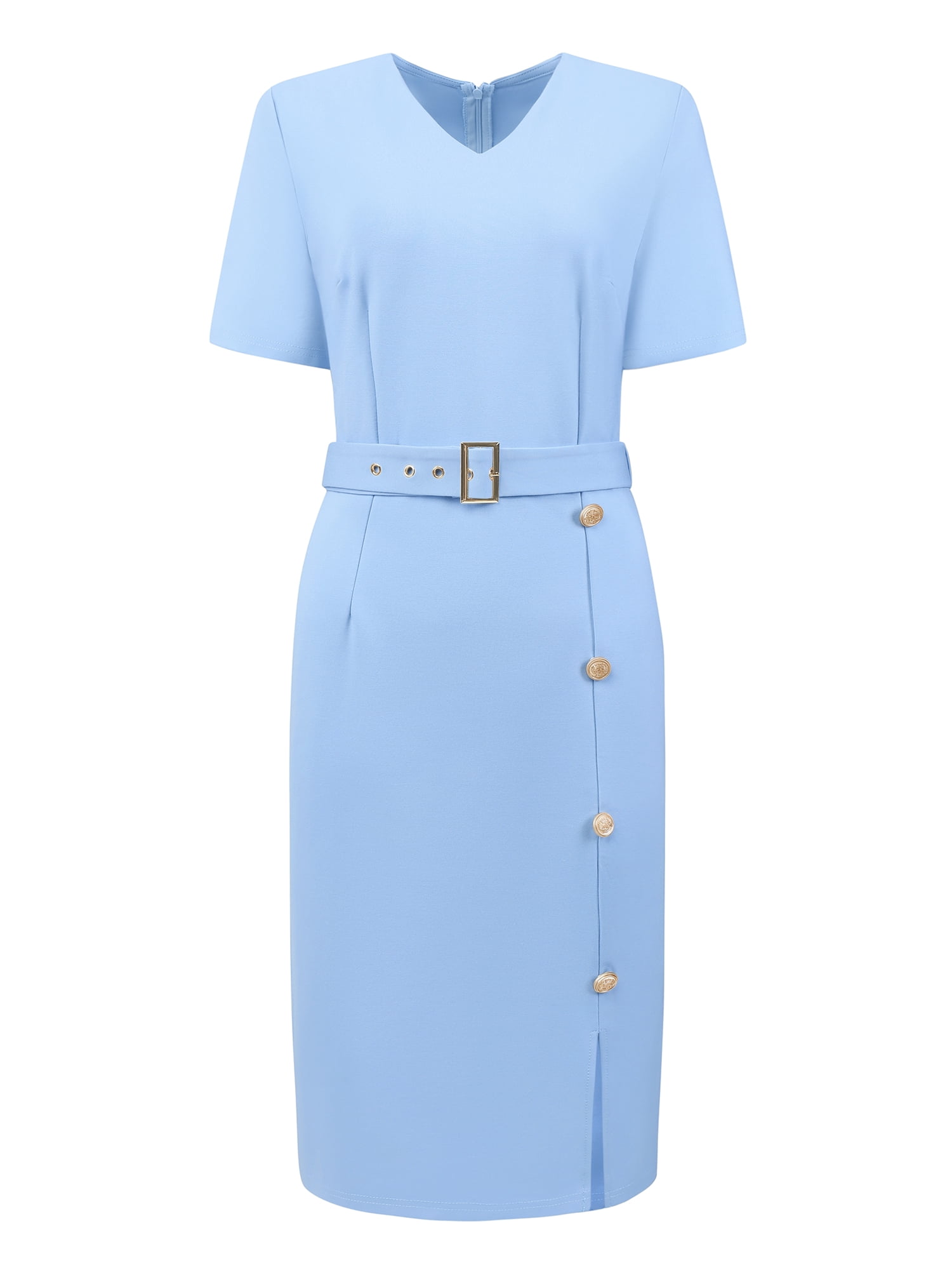 DARING DIVA Women's Business Work Short Sleeve Pencil V-Neck Bodycon Dresses L Blue