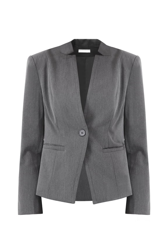 Women's Button Closure Front Open Formal Suit Jacket L Grey