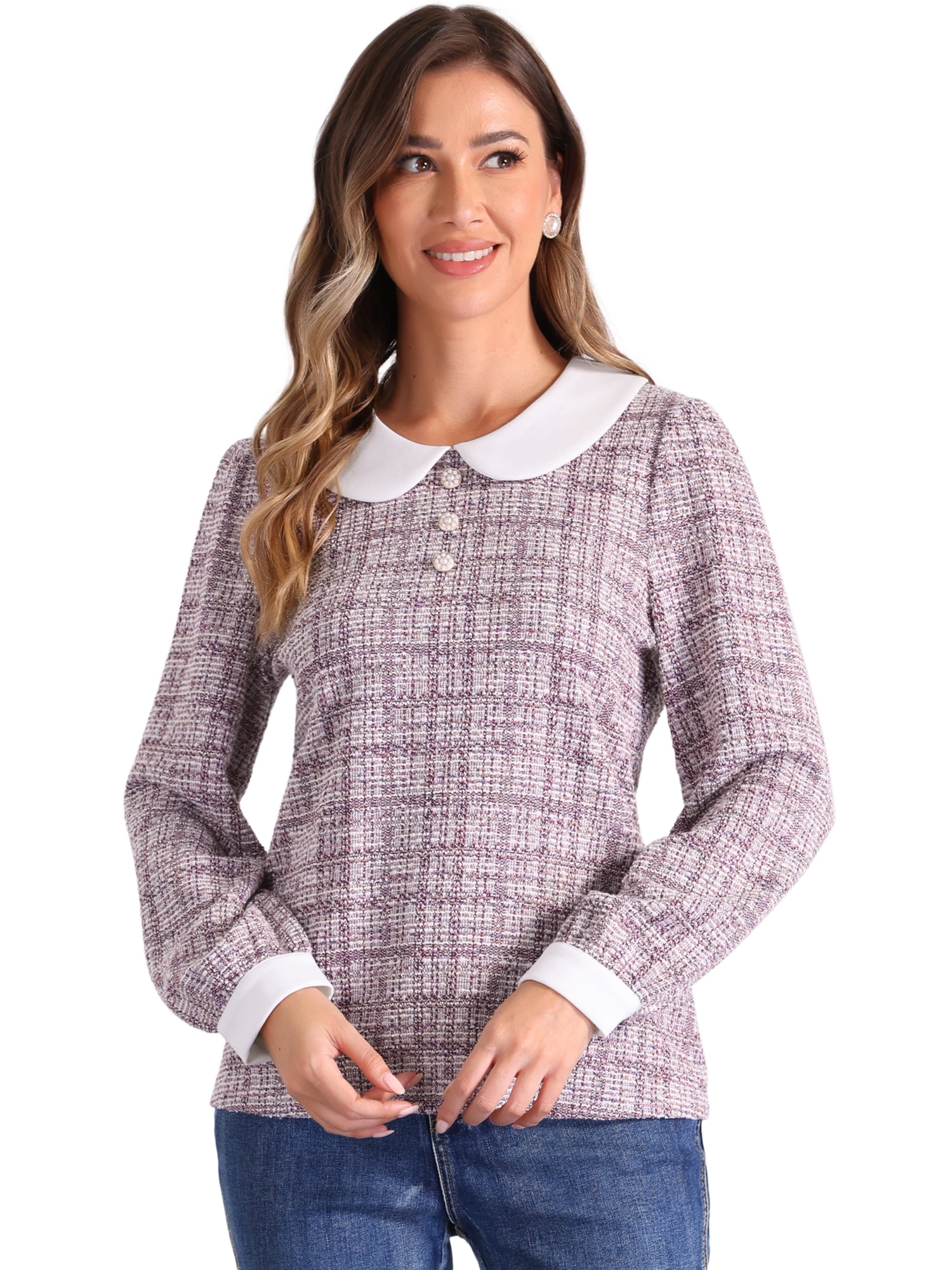 DARING DIVA Women's Button Decor Crew Neck Collared Tweed Blouses M Pink