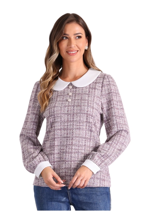 Women's Button Decor Crew Neck Collared Tweed Blouses M Pink