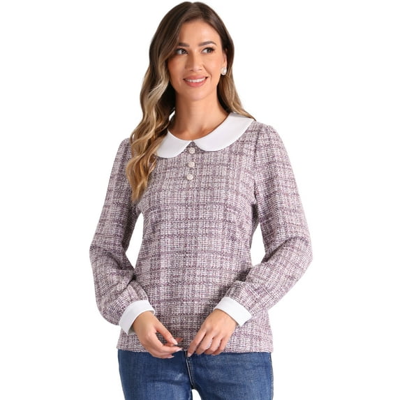 DARING DIVA Women's Button Decor Crew Neck Collared Tweed Blouses XS Pink
