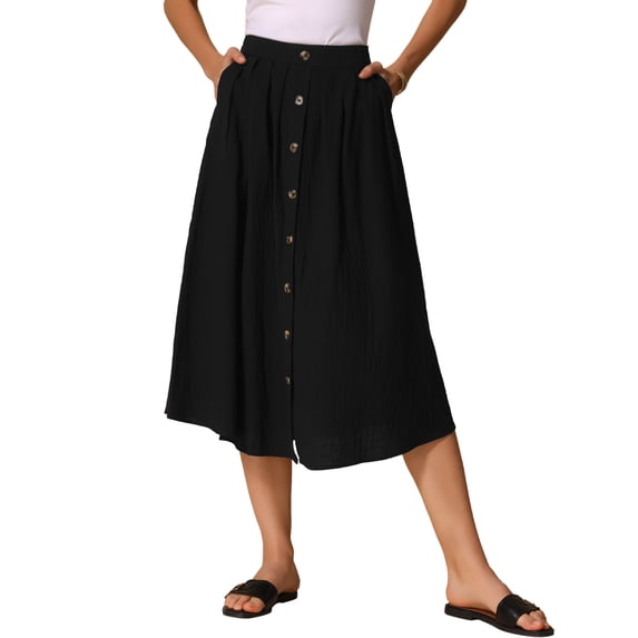 DARING DIVA Women's Button Decor Elastic Waist A-Line Skirts with Pockets L Black