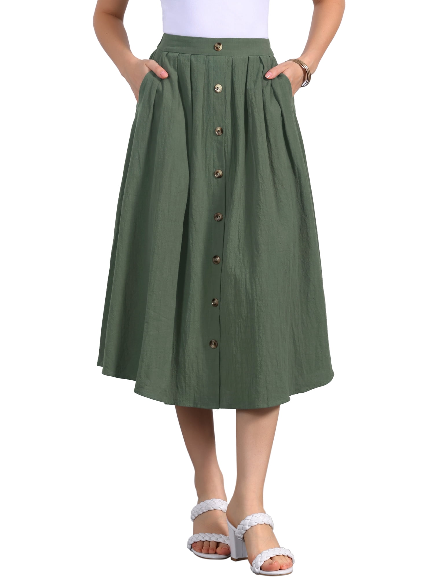 DARING DIVA Women's Button Decor Elastic Waist A-Line Skirts with Pockets S Army Green