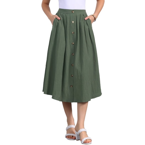 DARING DIVA Women's Button Decor Elastic Waist A-Line Skirts with Pockets XL Army Green