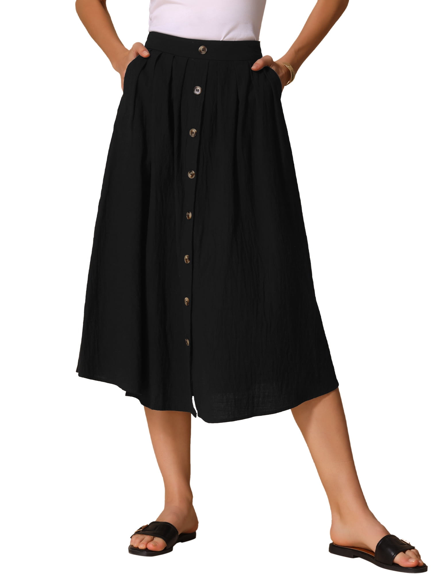 DARING DIVA Women's Button Decor Elastic Waist A-Line Skirts with Pockets XS Black