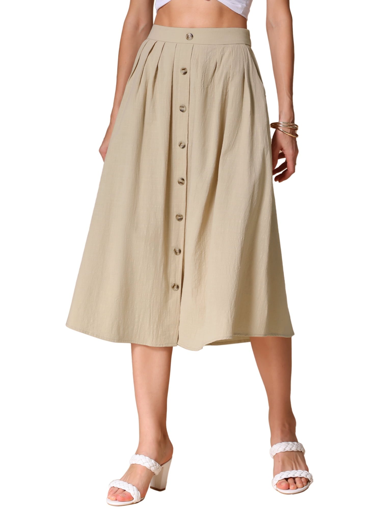 DARING DIVA Women's Button Decor Elastic Waist A-Line Skirts with Pockets XS Khaki