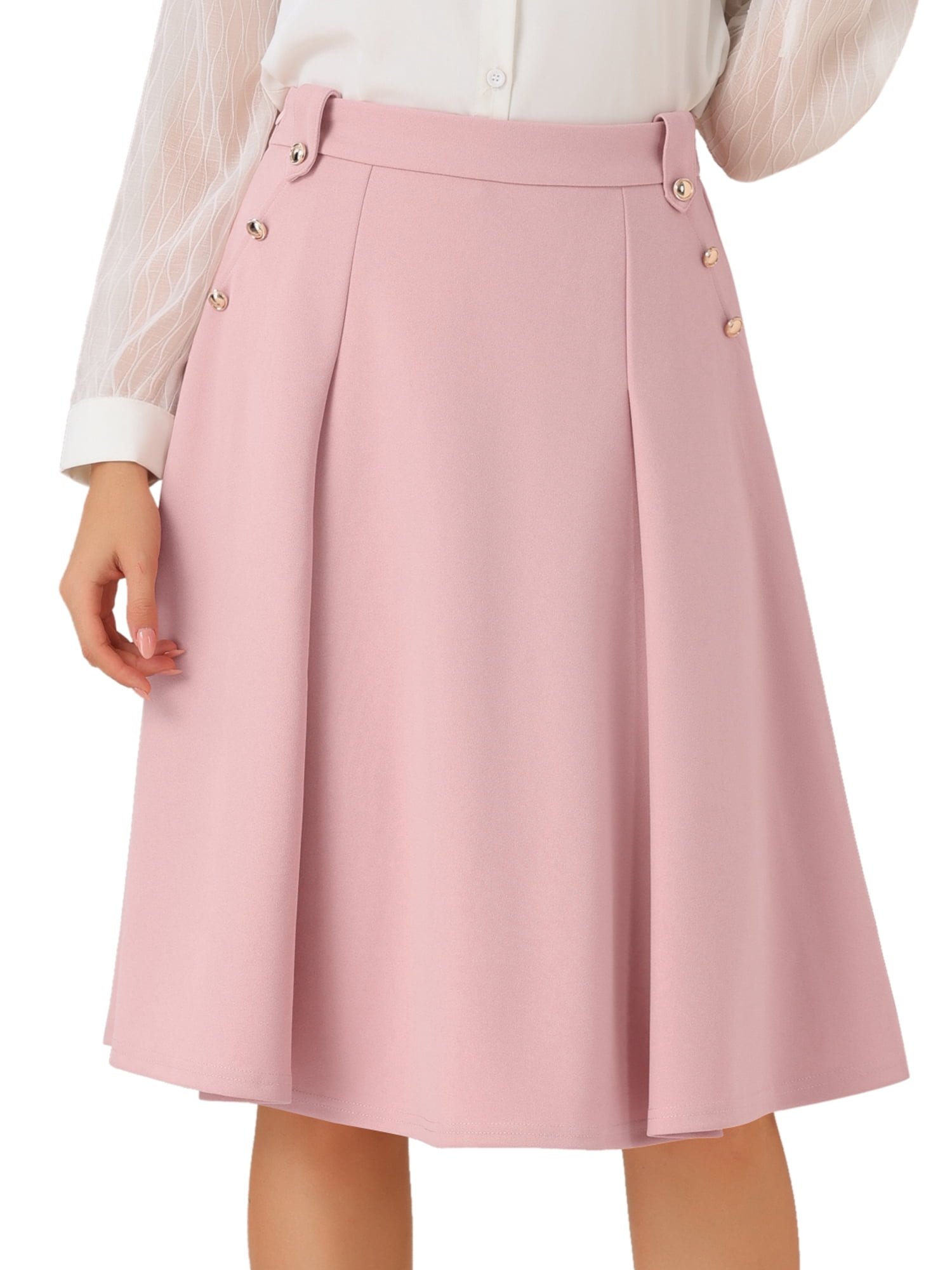 DARING DIVA Women's Button Decor Flared Midi Skirt L Pink