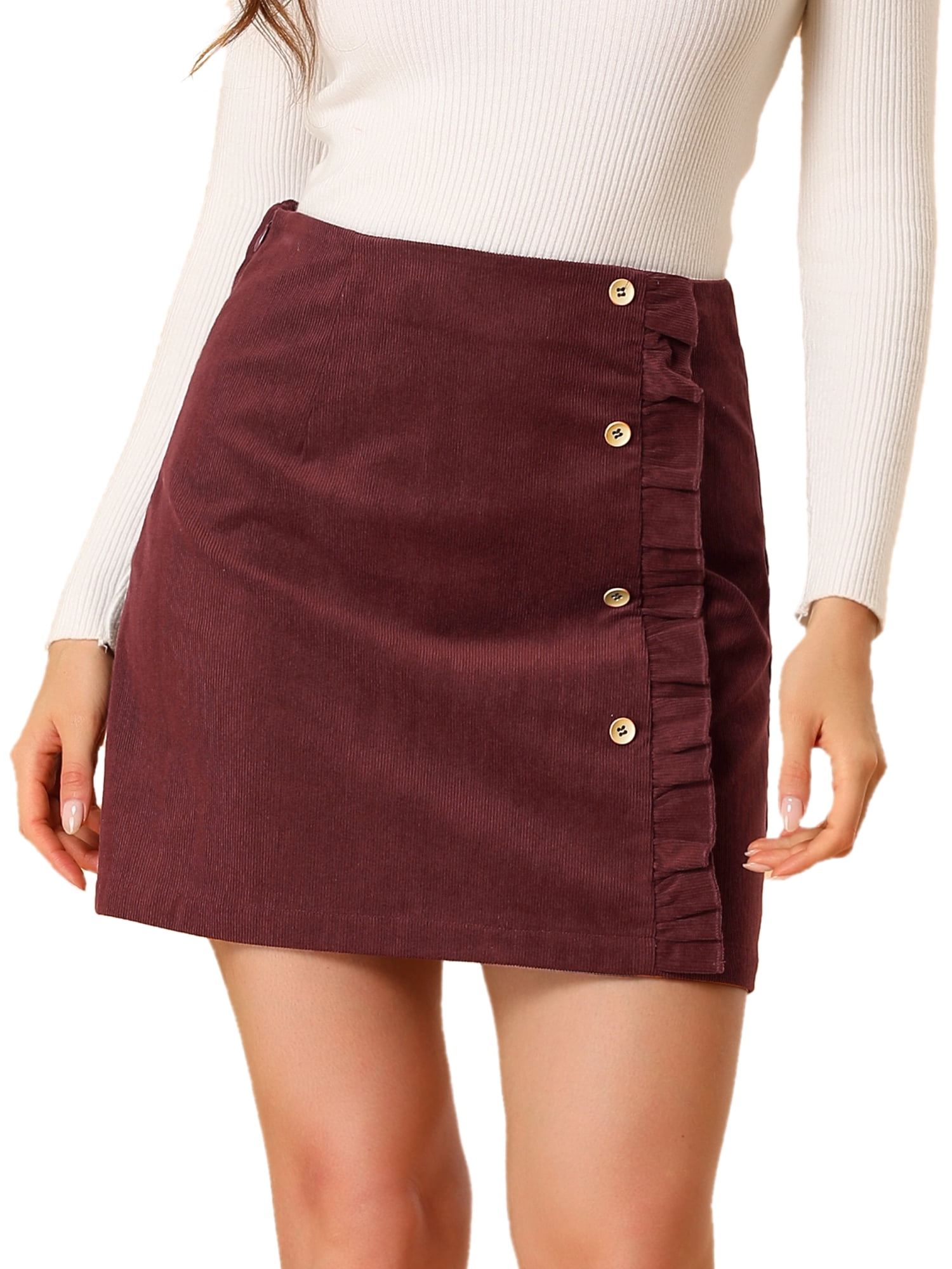 DARING DIVA Women's Button Decor Ruffled Trim Mini Skirt 2XL Burgundy