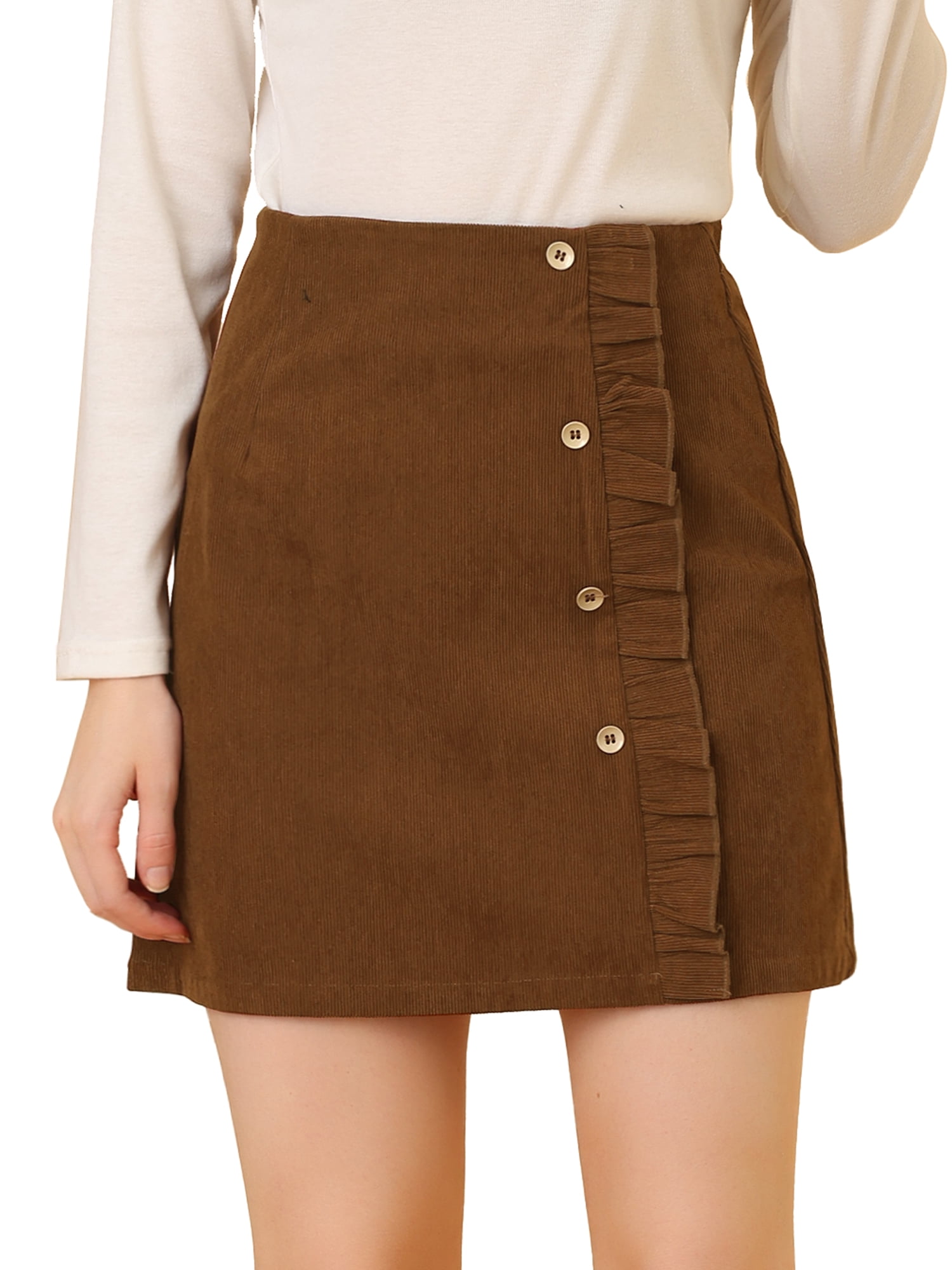 DARING DIVA Women's Button Decor Ruffled Trim Mini Skirt L Brown