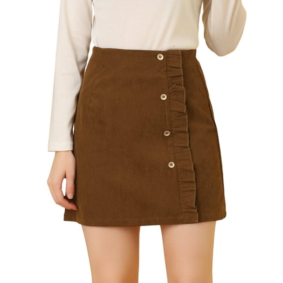 DARING DIVA Women's Button Decor Ruffled Trim Mini Skirt M Brown