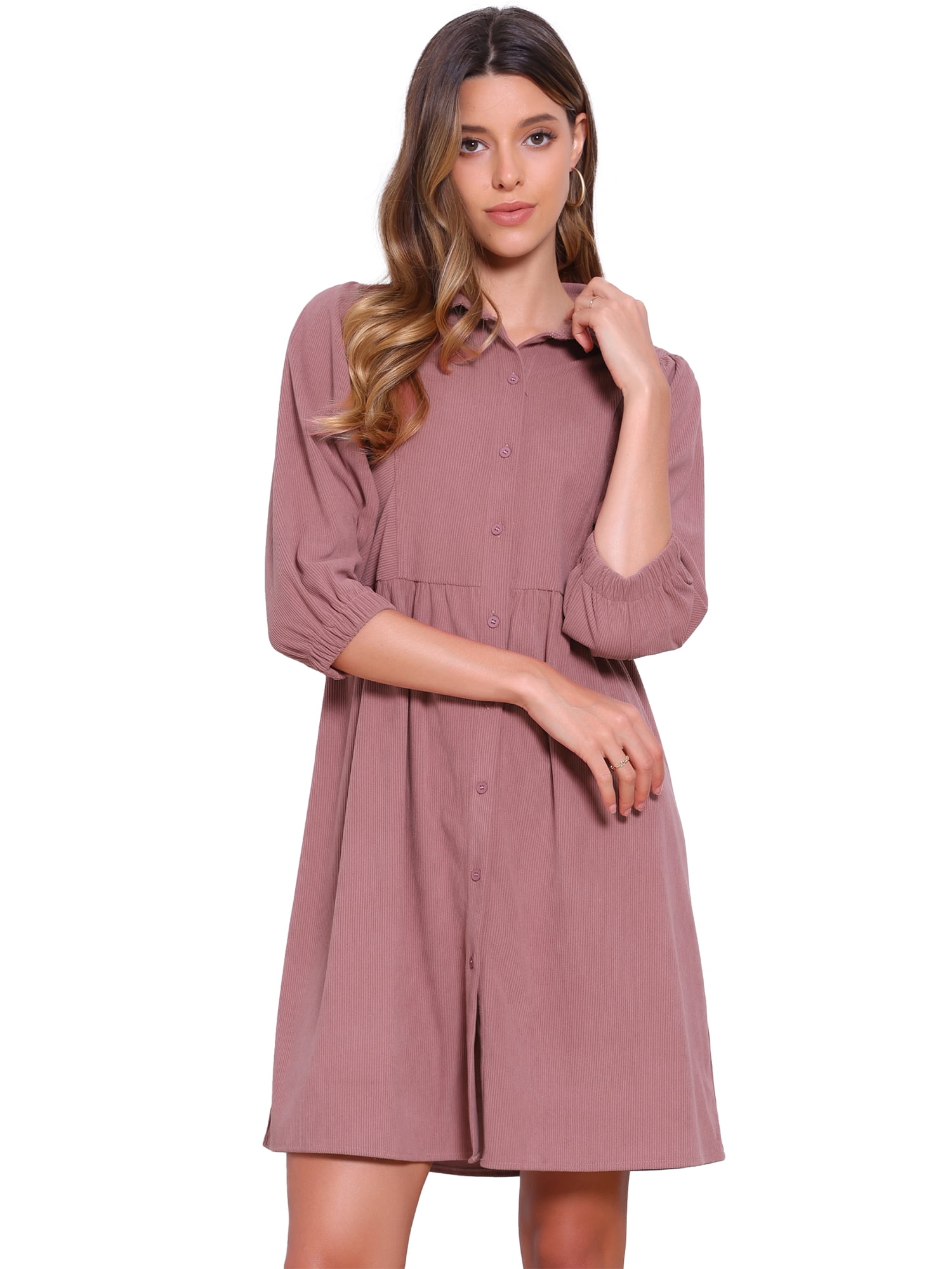 DARING DIVA Women's Button Down 3/4 Sleeve A-Line Mini Shirt Dress S Dark Pink