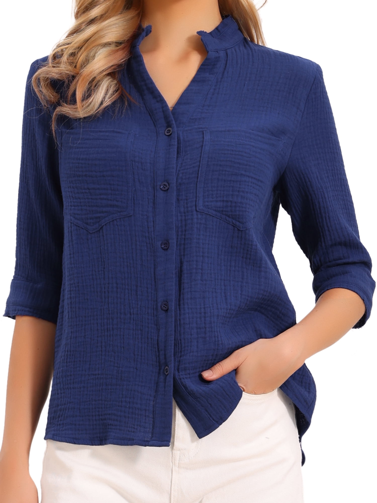 DARING DIVA Women's Button Down Blouse Dressy Half Sleeve V Neck Cotton Top XS Dark Blue