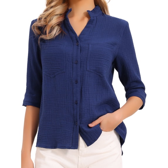 DARING DIVA Women's Button Down Blouse Dressy Half Sleeve V Neck Cotton Top XS Dark Blue