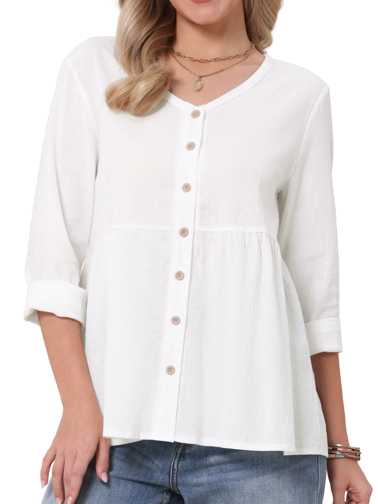 DARING DIVA Women's Button Down Blouse Long Sleeve V Neck Lightweight Top S White
