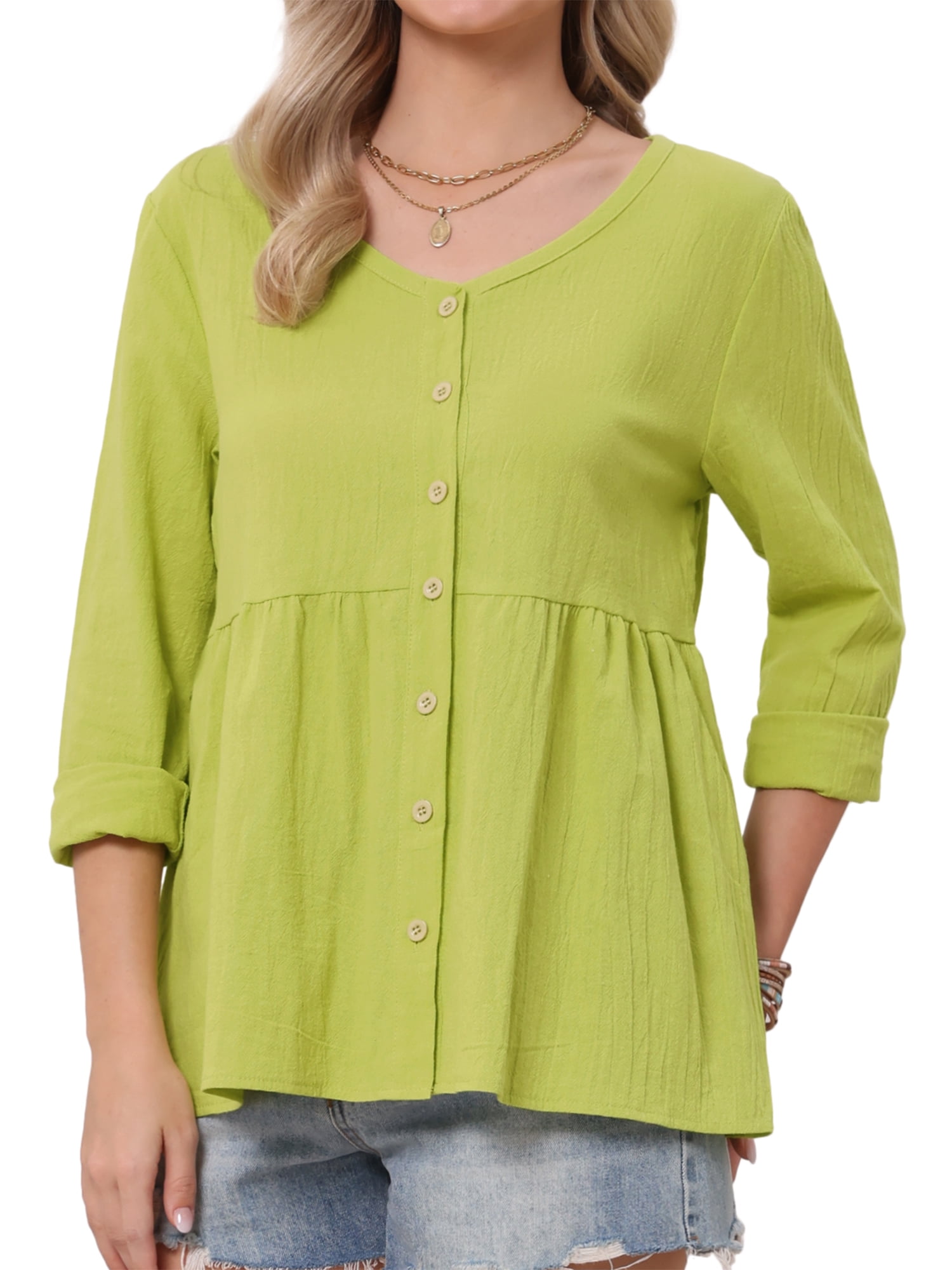 DARING DIVA Women's Button Down Blouse Long Sleeve V Neck Lightweight Top XL Yellow