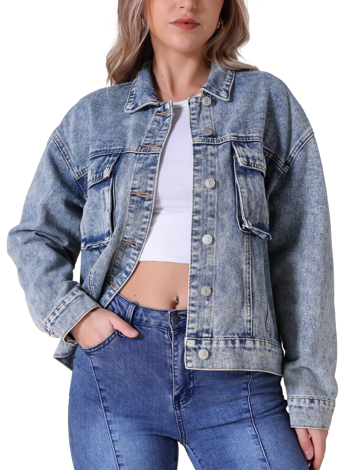 DARING DIVA Women's Button Down Cargo Denim Western Outfits S Gray Blue