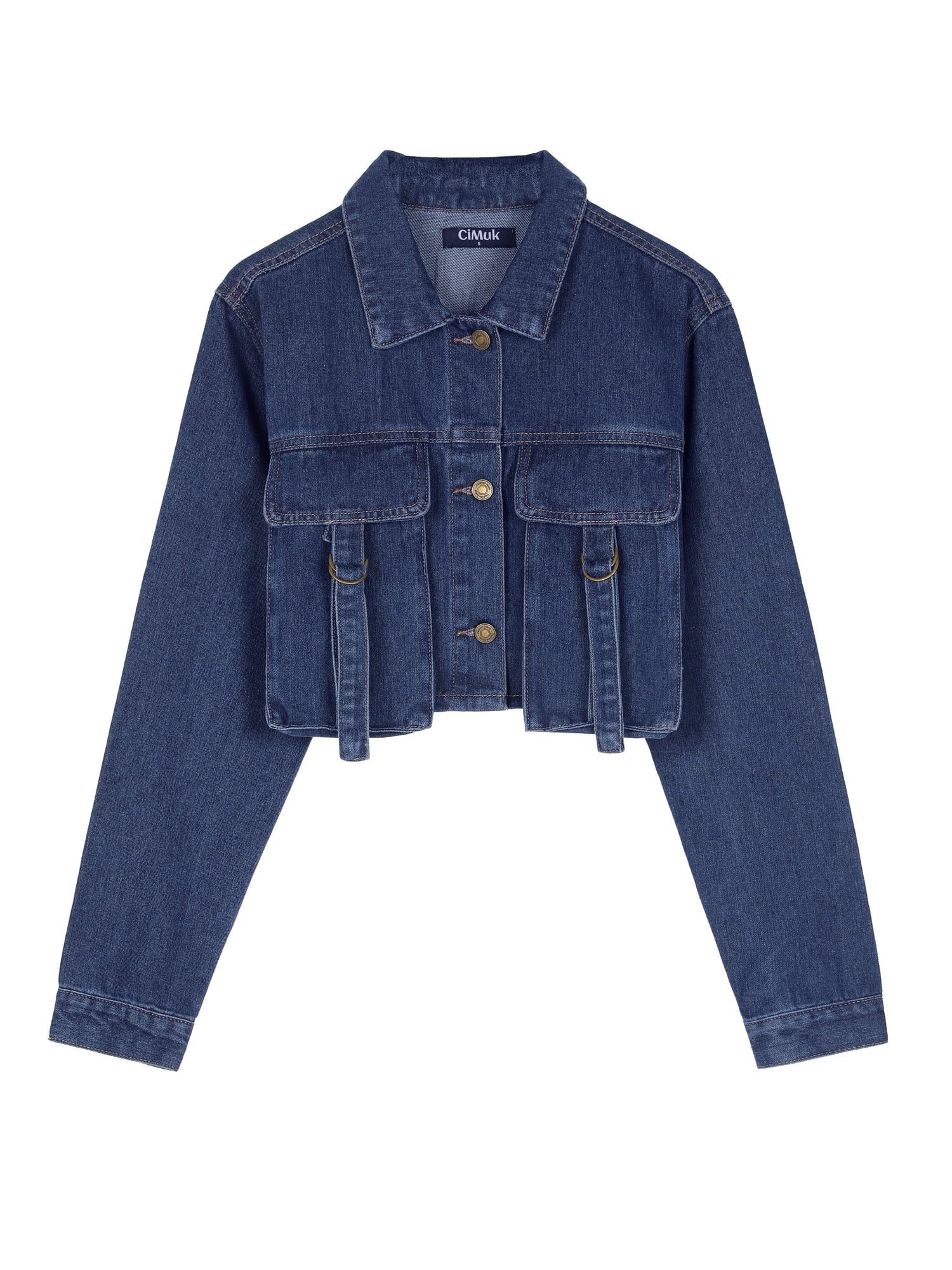 DARING DIVA Women's Button Down Cargo Washed Jean Jackets L Dark Blue