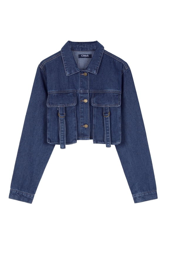 Women's Button Down Cargo Washed Jean Jackets L Dark Blue