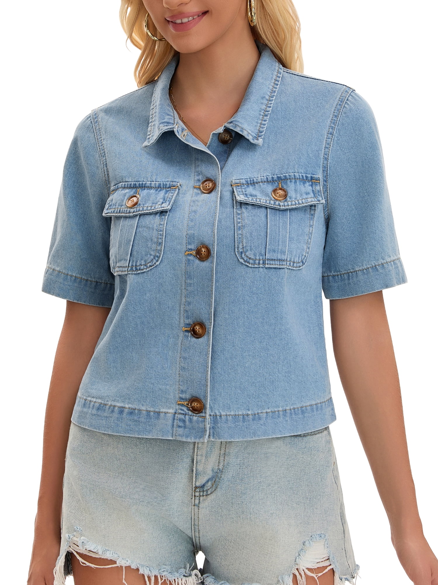 DARING DIVA Women's Button Down Casual Short Sleeve Denim Shirt 2XL Light Blue