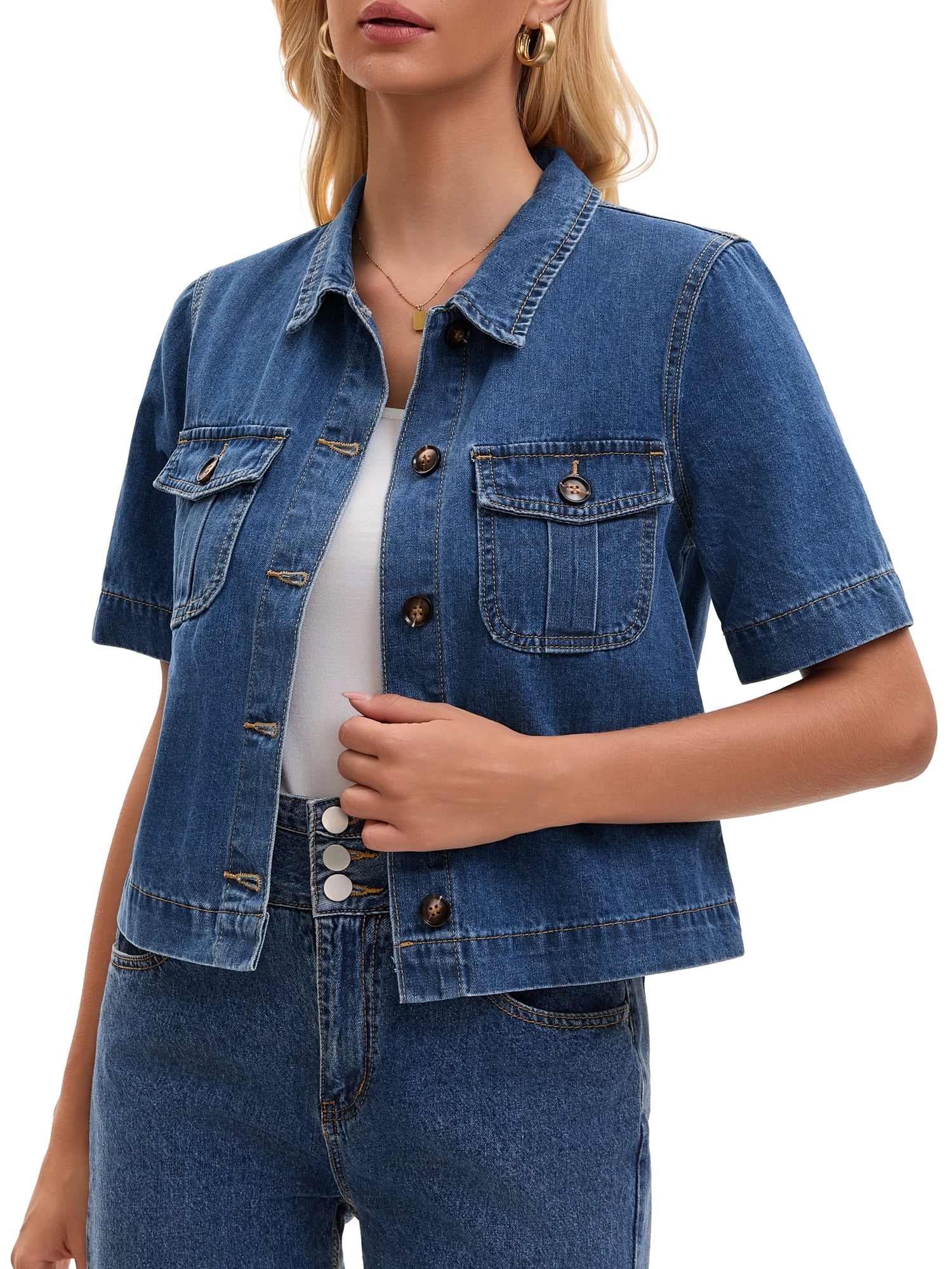 DARING DIVA Women's Button Down Casual Short Sleeve Denim Shirt With Pockets 2XL Blue