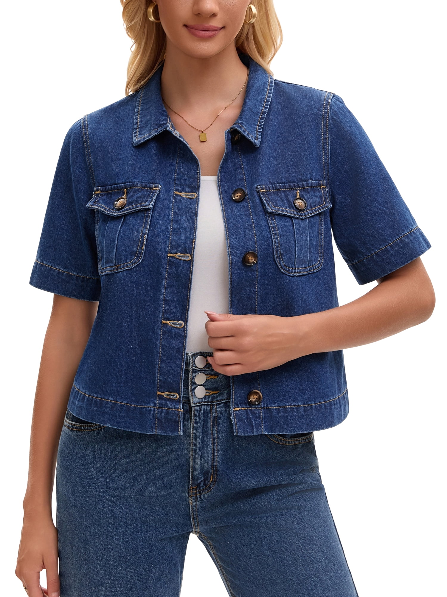 DARING DIVA Women's Button Down Casual Short Sleeve Denim Shirt With Pockets M Dark Blue