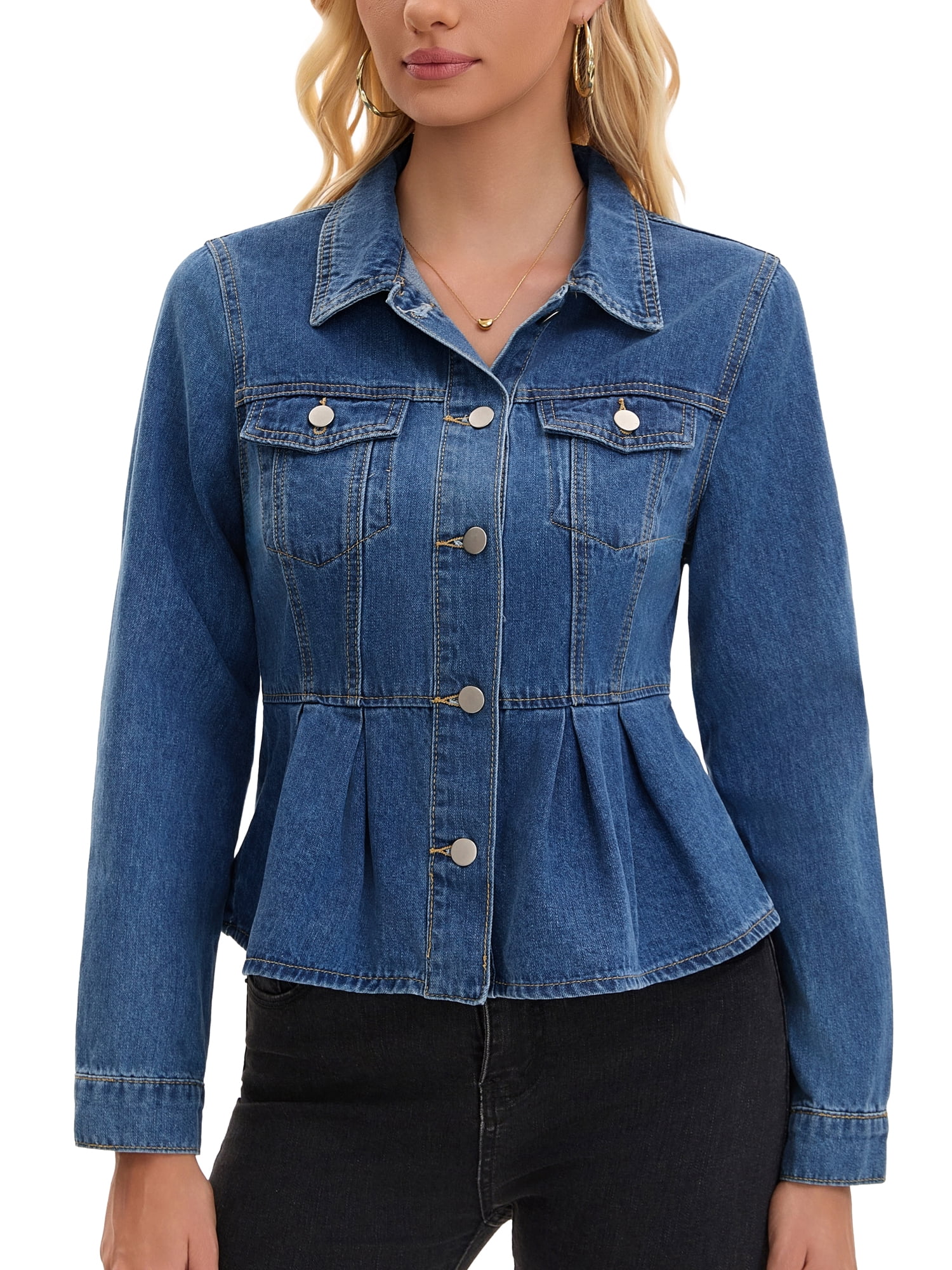 DARING DIVA Women's Button Down Collar Ruffle Hem Peplum Jean Jacket L Blue