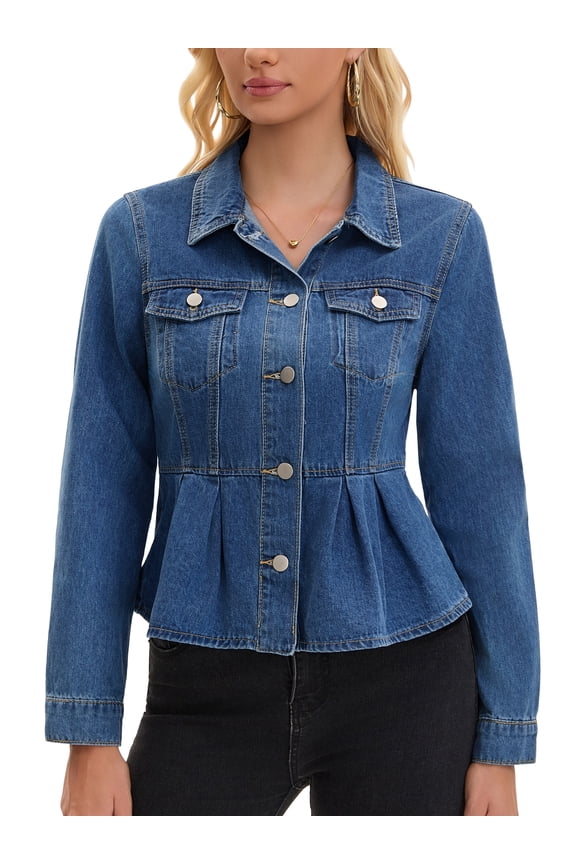 Women's Button Down Collar Ruffle Hem Peplum Jean Jacket M Blue
