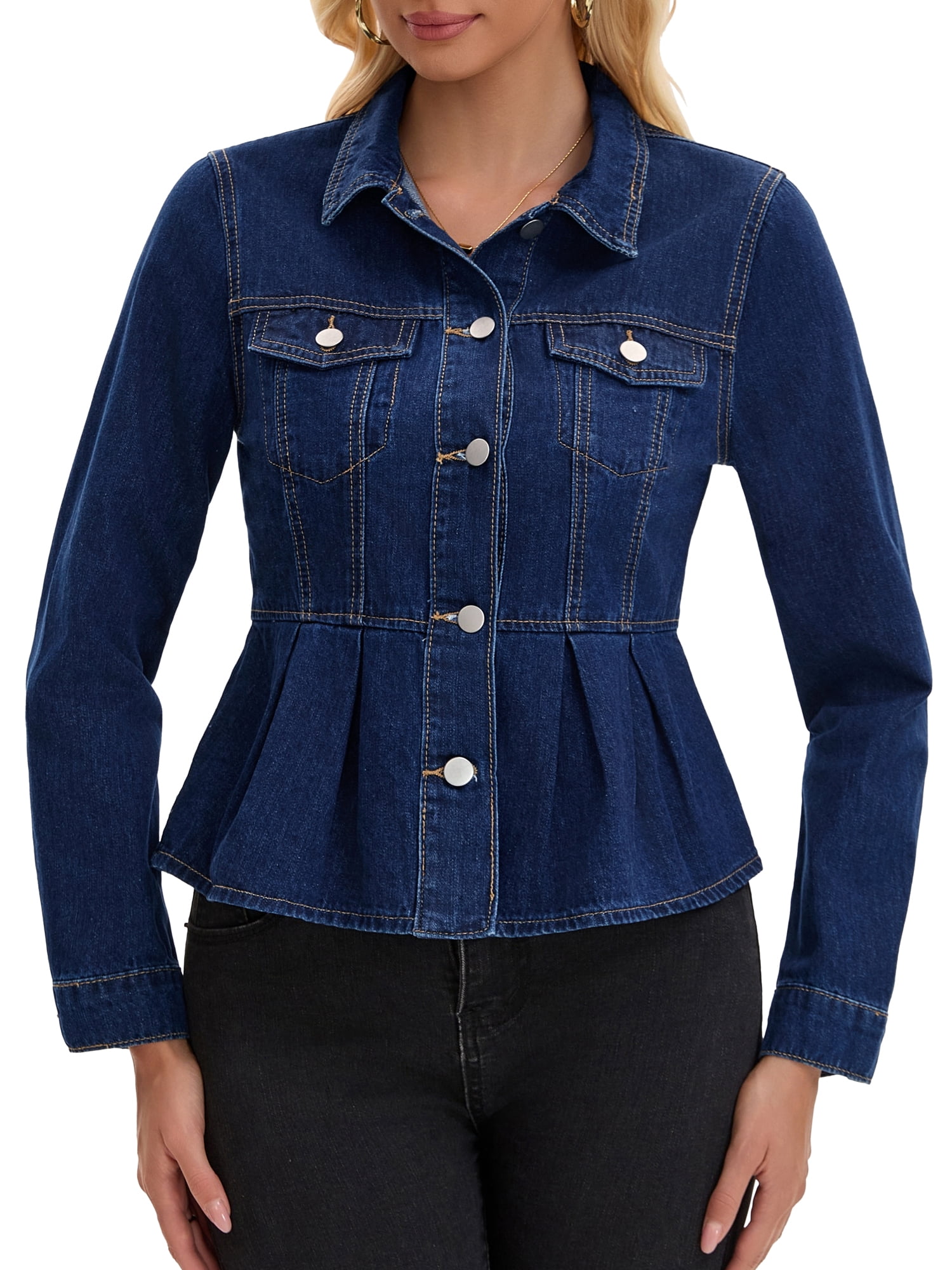 DARING DIVA Women's Button Down Collar Ruffle Hem Peplum Jean Jacket M Dark Blue