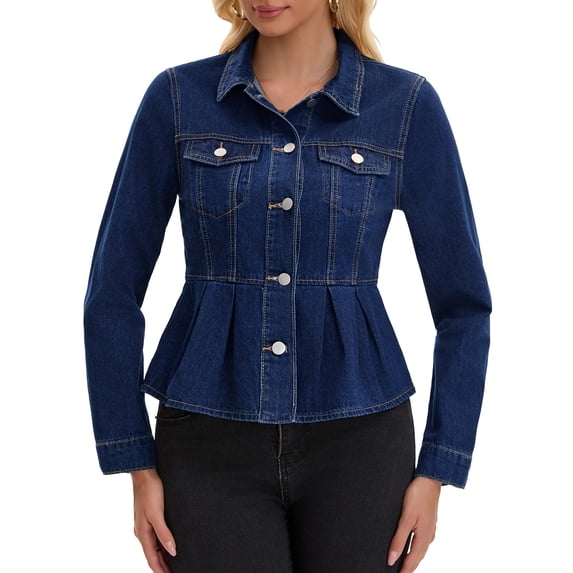 DARING DIVA Women's Button Down Collar Ruffle Hem Peplum Jean Jacket M Dark Blue