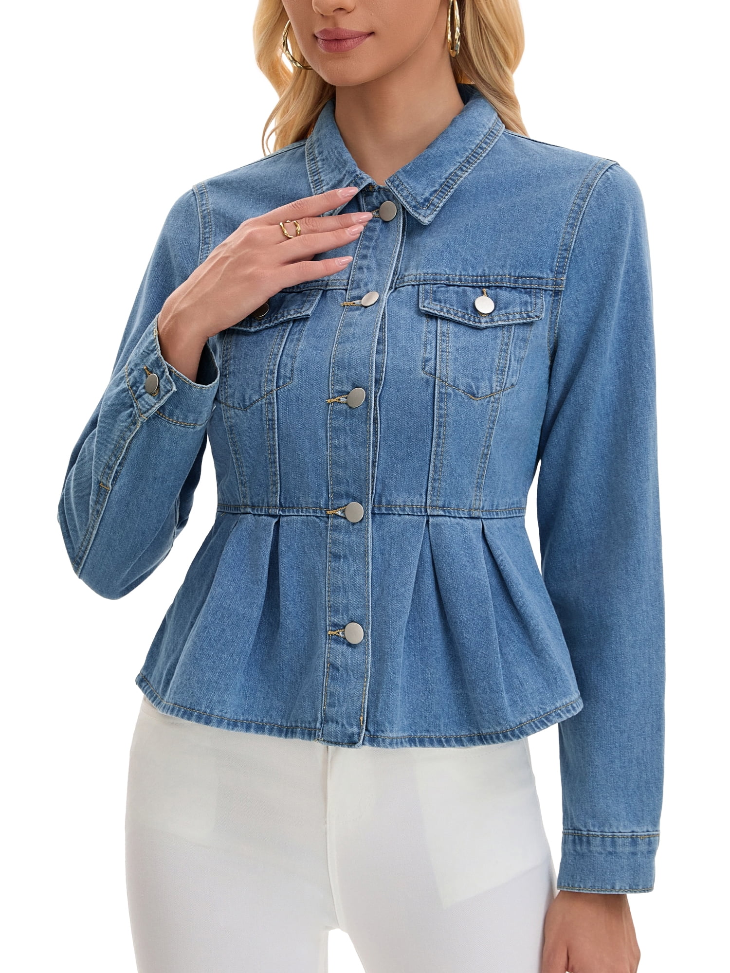 DARING DIVA Women's Button Down Collar Ruffle Hem Peplum Jean Jacket M Light Blue