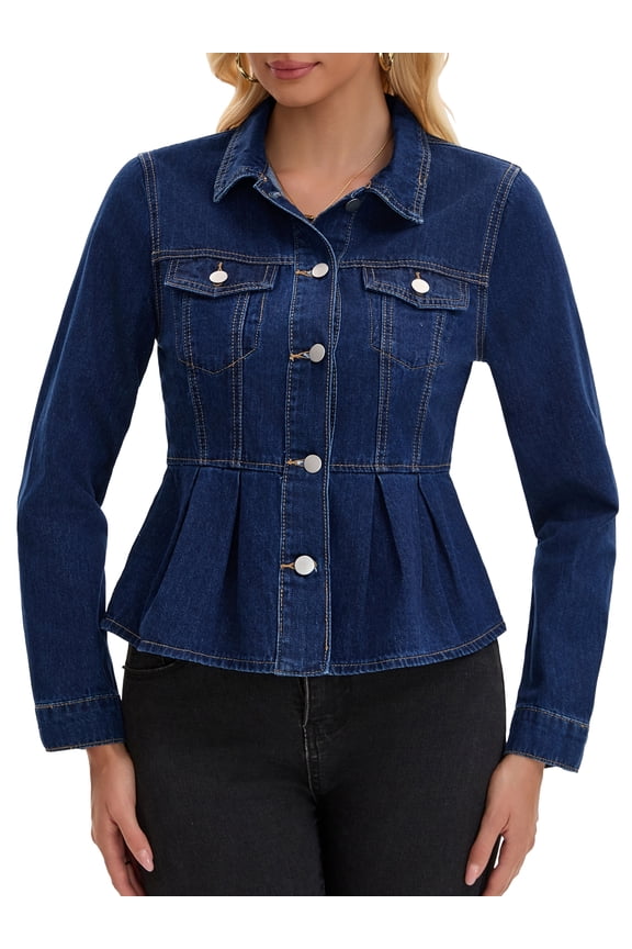 Women's Button Down Collar Ruffle Hem Peplum Jean Jacket S Dark Blue