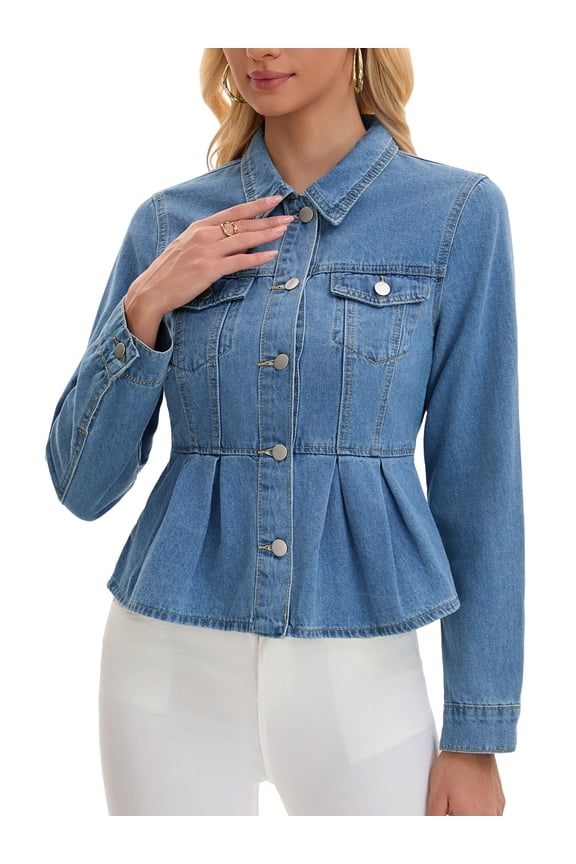 Women's Button Down Collar Ruffle Hem Peplum Jean Jacket S Light Blue