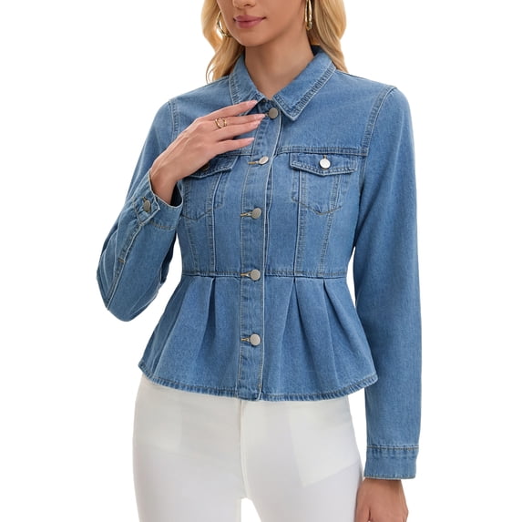 DARING DIVA Women's Button Down Collar Ruffle Hem Peplum Jean Jacket XL Light Blue