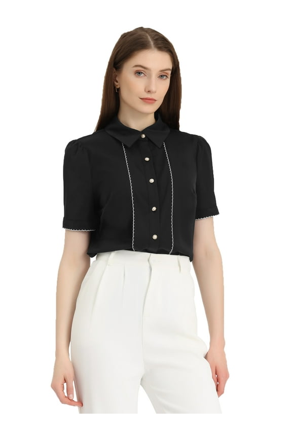 Women's Button Down Collared Contrast Trim Puff Sleeve Blouse L Black